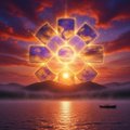 A stylized illustration of a sunset over water with a geometric flower-like logo overlaid in the center.
