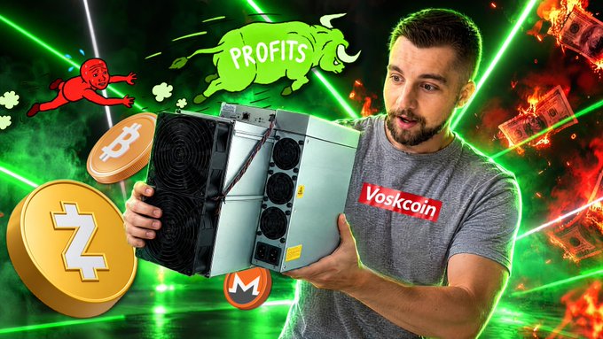 A YouTube thumbnail showing a bearded man in a "VoskCoin" t-shirt holding a cryptocurrency mining machine, surrounded by graphics of Bitcoin, Zcash, Monero logos, a "PROFITS" green bull, and burning money.