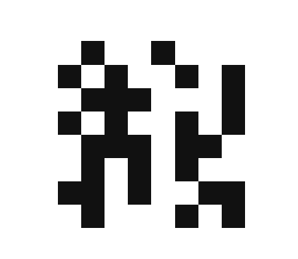 A pixelated black and white image resembling a QR code or abstract digital pattern on a white background.