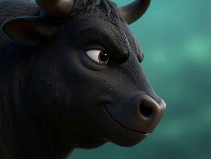 A close-up, stylized 3D render of a black bull's face with a slight smile, looking to the right against a blurred teal background, representing a bullish market sentiment.