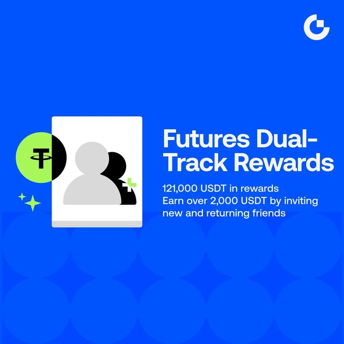 A blue promotional graphic for "Futures Dual-Track Rewards" featuring a 121,000 USDT prize pool, with icons of Tether (USDT) and a user profile, advertising rewards of over 2,000 USDT for inviting new and returning friends to trade futures on the platform.