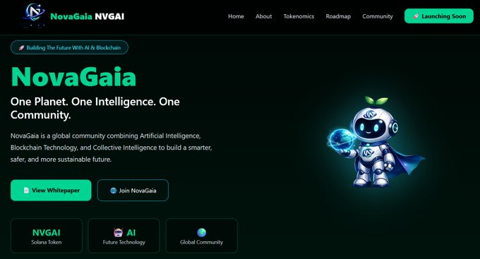 A website landing page for NovaGaia ($NVGAI) describing a community combining AI and Blockchain Technology, marked 'Launching Soon' with a robot mascot.