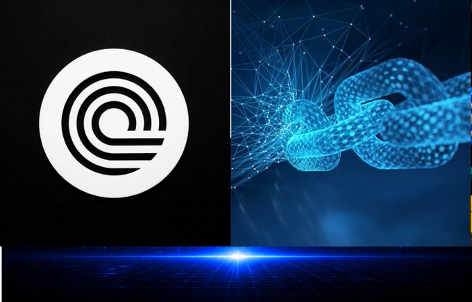 A split-screen graphic showing a white circular 'C' logo on the left and a blue blockchain chain network on the right, with a blue grid floor and light flare at the bottom.