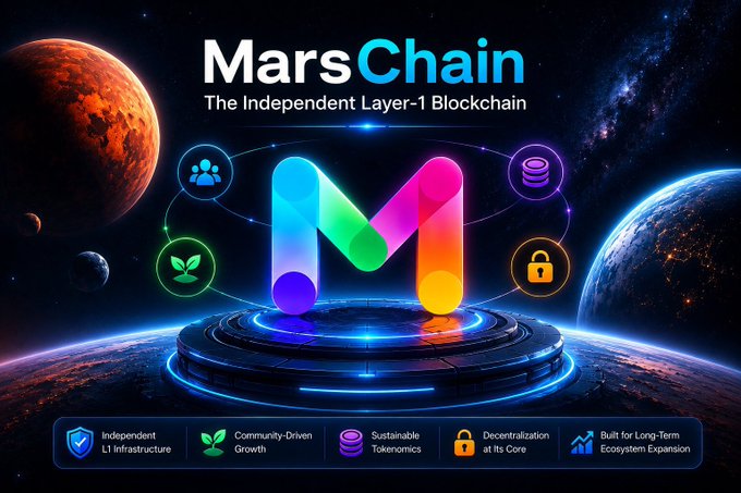 A promotional graphic for 'MarsChain - The Independent Layer-1 Blockchain' features a colorful 'M' logo on a futuristic platform with space-themed background and feature icons (Independent L1 Infrastructure, Community-Driven Growth, Sustainable Tokenomics, Decentralization at Its Core, Built for Long-Term Ecosystem Expansion).