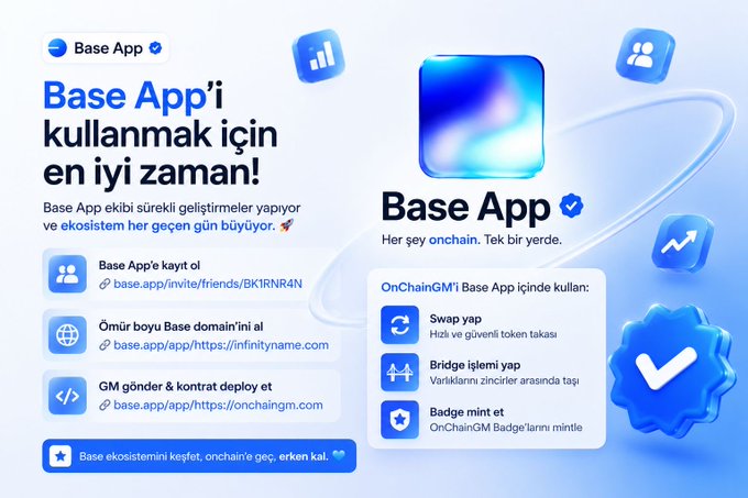 A promotional graphic in Turkish advertises the 'Base App' with the headline 'Base App'i kullanmak için en iyi zaman!' and features a blue app icon. It lists features like inviting friends, claiming domains, deploying contracts, swapping, bridging, and minting OnChainGM Badges.