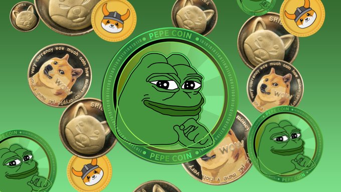 A graphic displaying multiple coins featuring the Pepe the Frog meme character, with the central green coin labeled 'PEPE COIN' and surrounded by Dogecoin and Floki-themed coins.