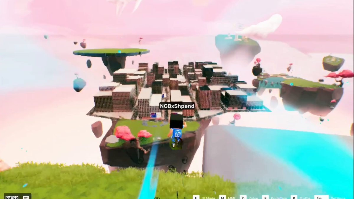The image shows a video game scene with a city floating in the air, surrounded by clouds. The sky appears pinkish-orange, creating an otherworldly atmosphere. In the center of this scene, there are two buildings that appear to be floating above the ground. A blue banner is displayed on top of one of these buildings, and it says "NIO.ENGAND".