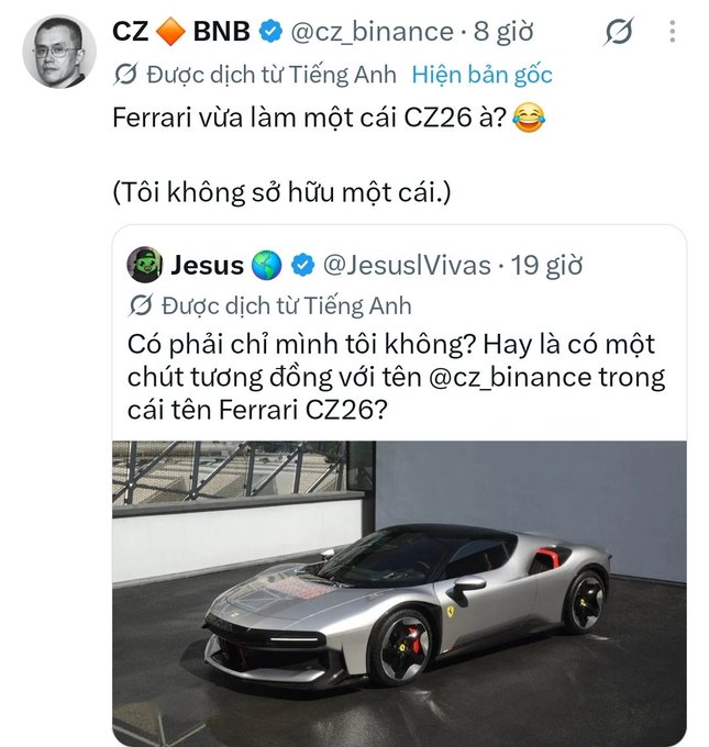 A screenshot of a tweet from CZ (Changpeng Zhao) of Binance (@cz_binance) commenting on a Ferrari CZ26, responding to a tweet from Jesus (@JesusIVivas) who noted a similarity to CZ's name.