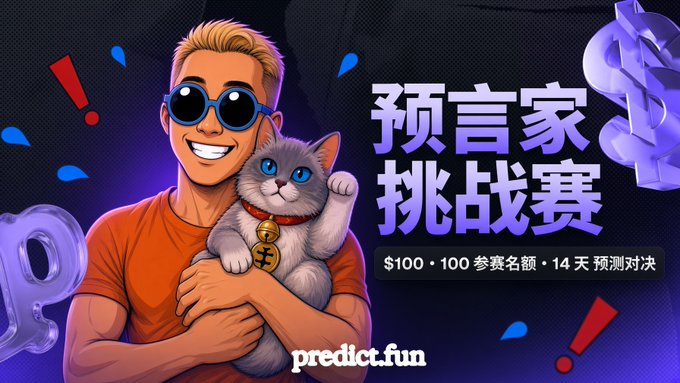 A promotional graphic showing a cartoon blonde man in sunglasses holding a gray cat wearing a coin necklace, alongside Chinese text '预言家挑战赛' and '$100 · 100 参赛名额 · 14 天预测对决', with the URL 'predict.fun'.