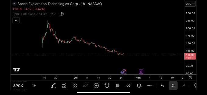 A TradingView chart shows Space Exploration Technologies Corp (SPCXX) at $110.90, down 3.62% (-$4.17), with price declining sharply from its $200+ highs, visually reinforcing the "Dev rugged" sentiment and the suggestion it's time to "CTO" (capitulate/cut losses).