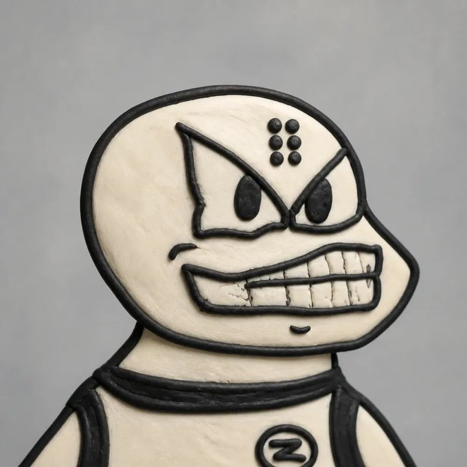 A sculpted clay figure of an angry-looking character with a wide toothy grin, large eyes, and a 'Z' logo on its chest.