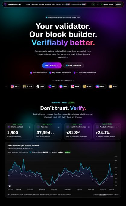 A webpage for 'SovereignBlocks' promoting PulseChain block building services, displaying statistics like '1,600 Blocks Finalized', '37,394 PLS' in stake data, and a graph of block rewards.