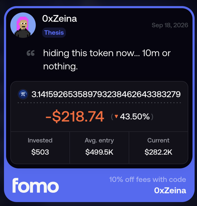A screenshot of a Fomo app post by user 0xZeina (Thesis) from Sep 18, 2026, showing a quote about hiding a token, with a Pi token position down -$218.74 (-43.50%) on an investment of $503.