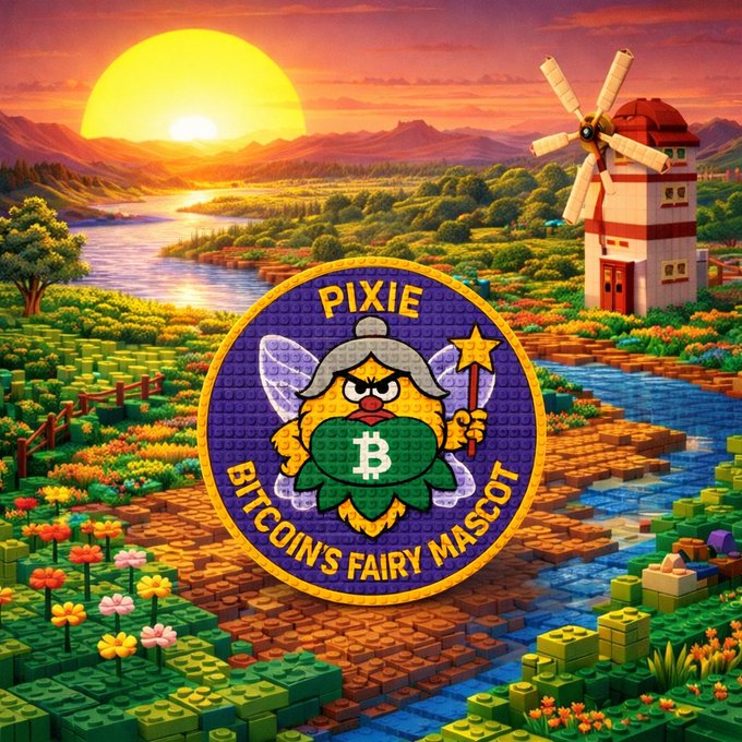 A LEGO-style landscape features a whimsical windmill, river, and garden at sunset, with a central badge reading "PIXIE - BITCOIN'S FAIRY MASCOT" depicting a fairy-like character holding a star and Bitcoin symbol. The image ties to the post by unveiling "Pixie," a playful mascot branding tied to the Bitcoin community.