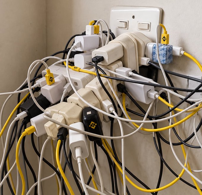 A tangled mess of numerous white, yellow, and black power adapters and cables all plugged into a single overloaded wall outlet.