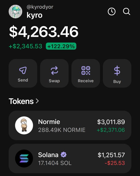 A cryptocurrency wallet screenshot for user 'kyro' (@kyrodyor) showing a portfolio value of $4,263.46 with a +122.29% gain, holding 'Normie' (288.49K NORMIE) and 'Solana' (17.1404 SOL).
