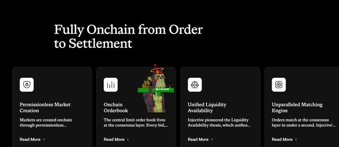 The image is a dark-themed infographic titled "Fully Onchain from Order to Settlement," showcasing Injective's ($INJ) end-to-end onchain trading capabilities across four pillars: Permissionless Market Creation, Onchain Orderbook, Unified Liquidity Availability, and Unparalleled Matching Engine—each with a "Read More" link. The graphic directly reinforces the post's point that INJ handles the entire trading stack—from market creation to settlement—at the protocol level rather than relying on offchain components.