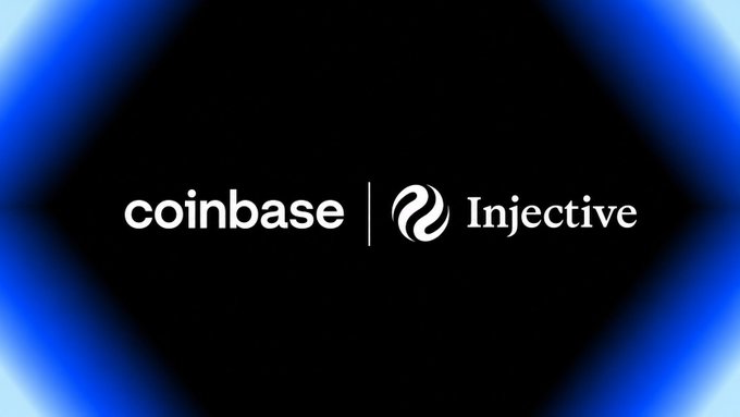 A black and blue promotional graphic displaying the logos for 'coinbase' and 'Injective' side by side.
