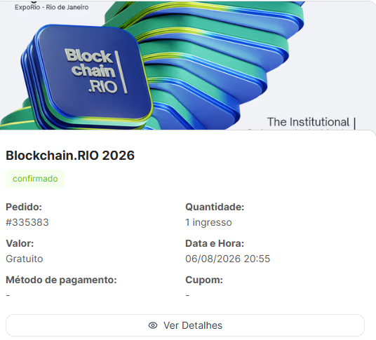 A confirmed ticket confirmation for Blockchain.RIO 2026, showing order #335383 for 1 free admission on 06/08/2026 at 20:55.