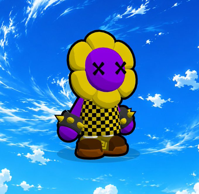 Digital illustration of a cartoonish character with a purple face marked with X eyes, a yellow flower-shaped head, checkered shirt, spiked gloves, and brown boots, standing against a blue sky with clouds.
