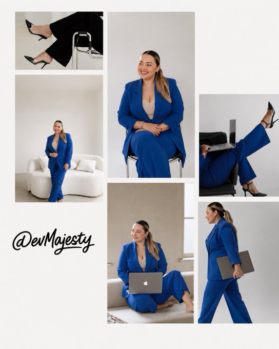 The image is a collage of a woman wearing a vibrant blue power suit in various professional poses—seated, standing with a laptop, and working at a desk—alongside the handle "@DevMajesty." The polished, confident aesthetic complements the post's reflection on her journey building within the Solana ecosystem, conveying the idea that the same discipline and creativity she applies to shipping projects also reflects the polished, evolving portfolio she's now showcasing.