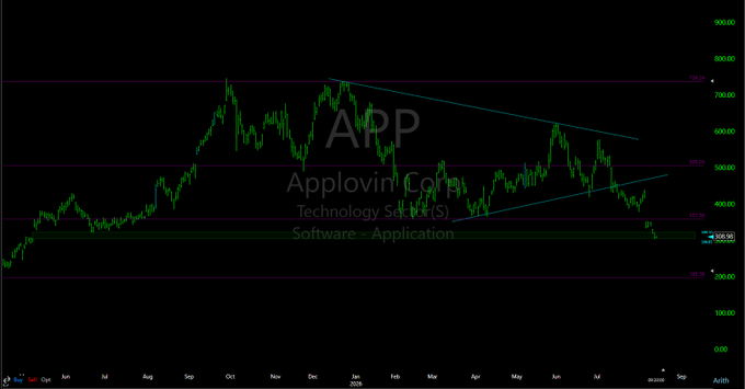A stock chart of AppLovin Corp (APP), Technology Services, Software - Application, showing price action with a descending triangle pattern from January to August 2026.