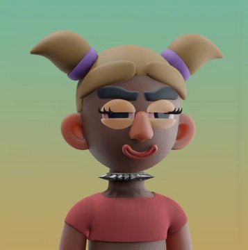 A 3D rendered character with pigtails, a purple hair tie, a spiked collar, and an unimpressed expression looks at the viewer against a gradient green-yellow background.