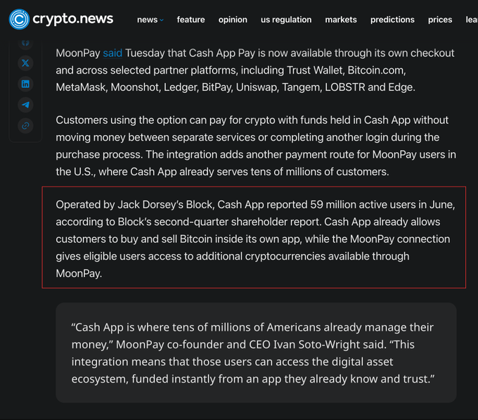 A crypto.news article discusses MoonPay's integration with Cash App Pay, highlighting that Cash App's 59 million active users can now access additional cryptocurrencies through MoonPay's checkout across partner platforms like Trust Wallet, MetaMask, and Ledger.