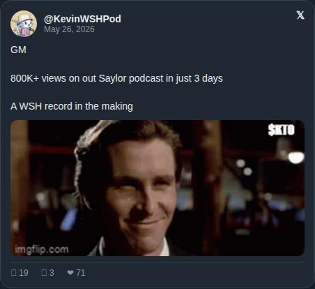 The image features a screenshot of a Twitter account where a message from a user named KevinWSHPod is displayed. The message contains information about views for a podcast hosted by Saylor Kott, which was viewed 800K times over three days. There is also a reference to Bitcoin and the word "Power" in the post. The main focus of this message appears to be regarding the value and reach of the podcast.