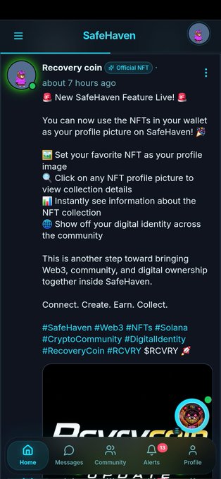 The image shows a cell phone screen with a message from someone named "Safehaven". The message appears to be about a new cryptocurrency called "Rcvrycoin" that was recently released, and it seems like the person is sharing information or discussing this new development in the crypto world. The post also mentions that you can now use NFTs as your wallet, which could be related to the Rcvrycoin message.