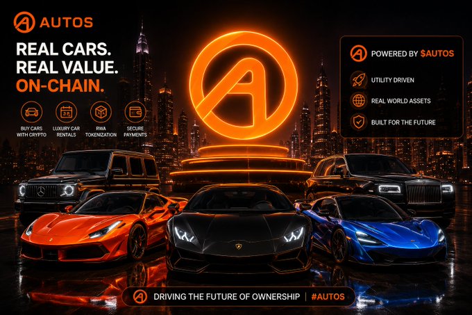 An advertisement for $AUTOS featuring 'Real Cars. Real Value. On-Chain.' with luxury vehicles displayed against a city skyline.