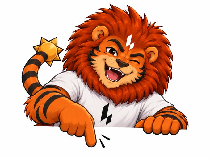 A cartoon illustration of a cheerful lion character wearing a white t-shirt with a lightning bolt design and a striped tiger-striped arm, holding a small sun emblem.