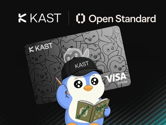 A promotional image for 'KAST | Open Standard' featuring a penguin mascot wearing a KAST cap and reading an 'Open Standard' book, alongside a KAST Visa Infinite card design.