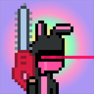 A pixel art character with a chainsaw for an arm stands against a purple background with a rainbow halo and red laser beam.