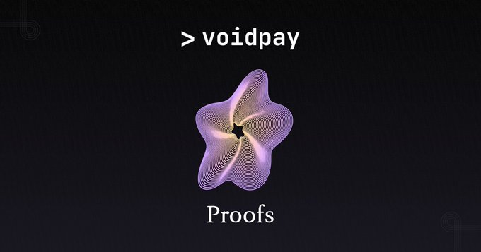 A dark webpage header for '>voidpay' featuring an animated purple/pink star-shaped sound wave visualization with the word 'Proofs' beneath it.