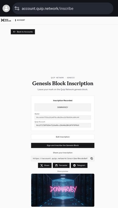 A screenshot of a webpage at account.quip.network/inscribe showing a 'Genesis Block Inscription' for 'QUIP NETWORK - GENESIS' with the inscription 'DONMARVEY' recorded for wallet 0xcodea7731a315d78ccbb29ed2df80396d944c4 and Quip Account 0x1271728f929cf21e89cc29649e3b3f67597f6b.