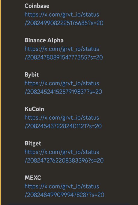 List of cryptocurrency exchanges (Coinbase, Binance Alpha, Bybit, KuCoin, Bitget, MEXC) with their respective status page URLs on x.com.