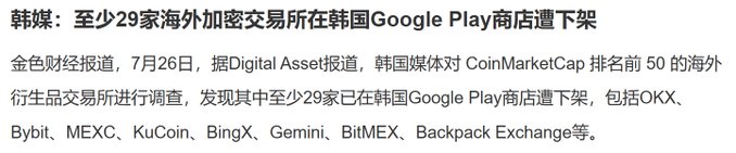 A Chinese-language news article reports that South Korean media found at least 29 overseas crypto derivative exchanges—including OKX, Bybit, MEXC, KuCoin, BingX, Gemini, BitMEX, and Backpack Exchange—were delisted from the Korean Google Play Store, aligning with the post's claim that South Korea removed 29 exchanges. The accompanying commentary speculates the crackdown is motivated by efforts to keep retail investors' money in South Korea's stock market rather than allowing it to flow into crypto trading.