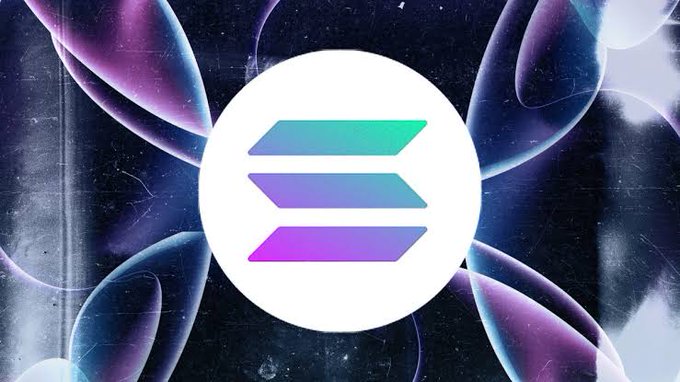 The Solana logo featuring three stacked gradient bars (green, purple, pink) appears in a white circle against a dark abstract background.