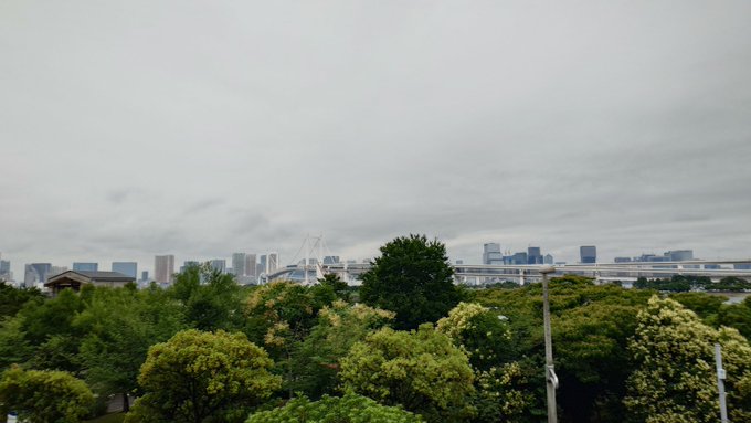 A lush green park view frames the Tokyo skyline under an overcast sky, with a Ferris wheel visible in the distance and urban buildings stretching across the horizon—capturing a scenic glimpse of Odaiba seen from Ariake on a humid summer day.
