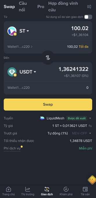 A mobile crypto swap interface in Vietnamese showing a swap from 100.02 ST tokens to 1.36241322 USDT via "LiquidMesh," with a rate of 1 ST = 0.013621 USDT and an MEV-OFF fee option.