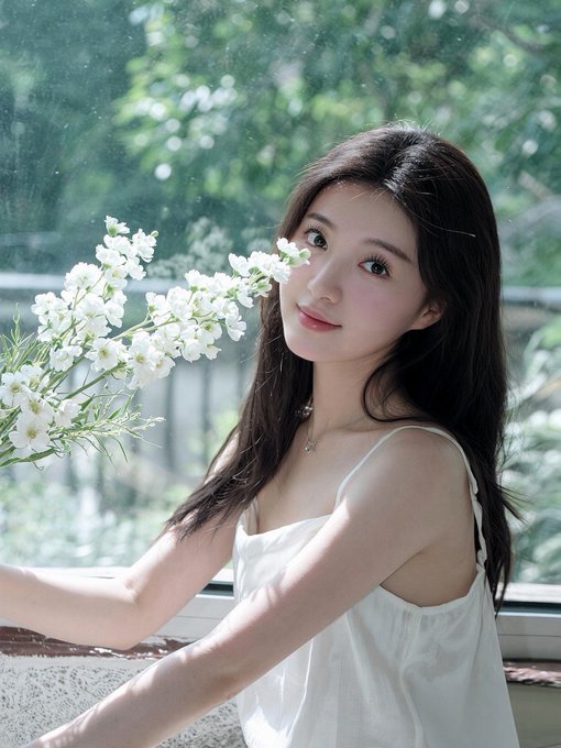 A young woman with long dark hair wearing a white dress, sitting by a sunlit window beside a bouquet of white flowers with greenery visible in the distance.