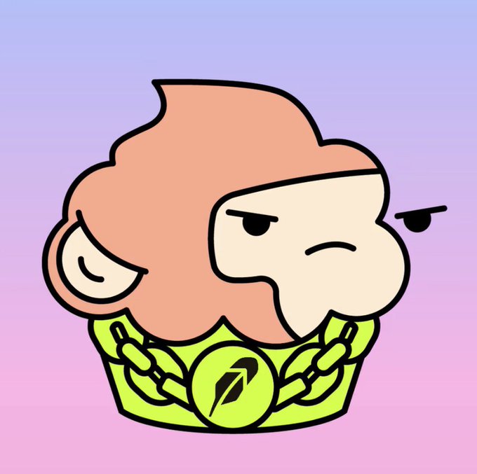 A cartoonish illustration of a cupcake character with peach-colored frosting, a stern face, and a large nose, wearing a green base with a logo and a thick gold chain necklace against a purple gradient background.