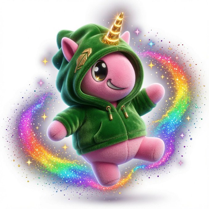 A cheerful pink unicorn plushie wearing a green hoodie with a golden horn stands surrounded by a swirling rainbow sparkle trail, symbolizing the magical, under-the-radar potential of $UHD in the Robinhood ecosystem. The imagery reinforces the post's message about discovering hidden gems before they become mainstream.