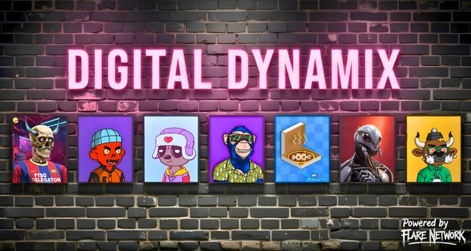 A neon-lit 'DIGITAL DYNAMIX' display on a brick wall showing seven NFT character portraits, with text indicating 'Powered by FLARE NETWORK' in the corner.