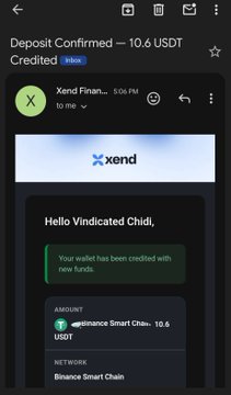 A mobile phone screenshot showing a deposit confirmation for 10.6 USDT from Xend Finance via Binance Smart Chain to the user's wallet.