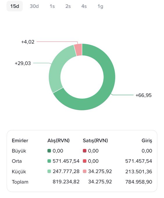 A financial dashboard with a donut chart showing values of +66.95, +29.03, and +4.02, alongside a table of Turkish market data (Emirler, Alış/Satış in RVN) for large, medium, and small orders totaling 819,234.82 buys and 34,275.92 sells.