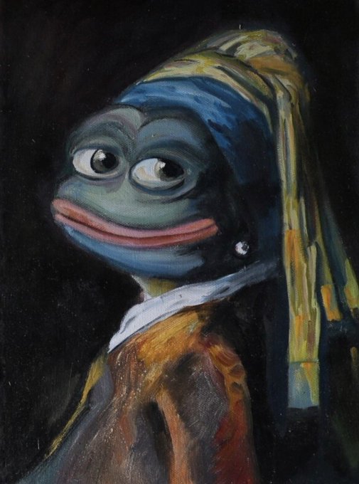 A whimsical oil painting depicts a frog-faced "Pepe" character with large expressive eyes and pink lips, styled as Johannes Vermeer's "Girl with a Pearl Earring," complete with a blue and yellow turban and a single pearl earring. The artwork cleverly reimagines the iconic 17th-century Dutch masterpiece using the popular internet meme character, blending classical art aesthetics with contemporary meme culture.