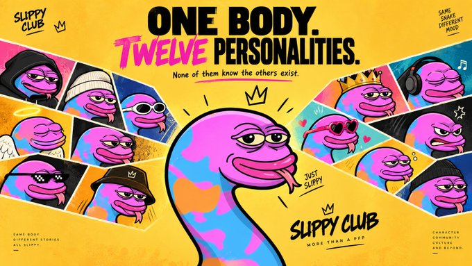 A colorful advertisement for 'SLIPPY CLUB' featuring 'ONE BODY. TWELVE PERSONALITIES.' with various cartoon characters in a comic-style layout.
