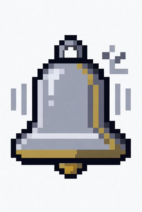 A pixel art bell ringing to signal an announcement or alert. The image visually emphasizes the post's call for followers to turn on notifications.